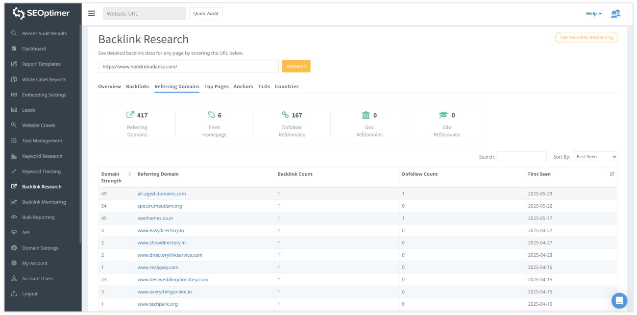 SEOptimer backlink research tool referring domeains